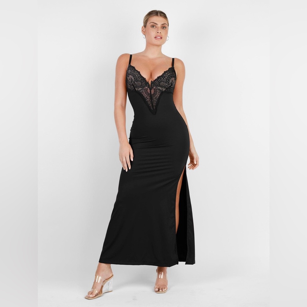 Popilush The Shapewear Dress Lace Slip Split Maxi